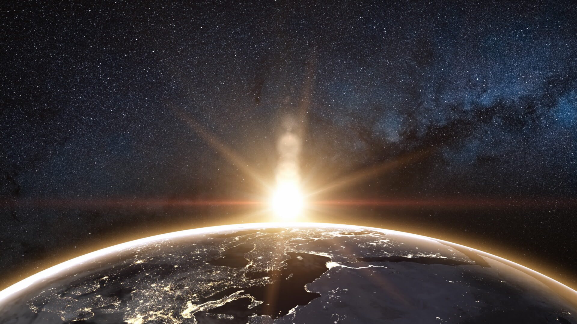 Sunrise view from space on Planet Earth. World rotating on its axis in black Universe in stars. Cities Lights at Night. High detailed 3D Render animation. Elements of this image furnished by NASA